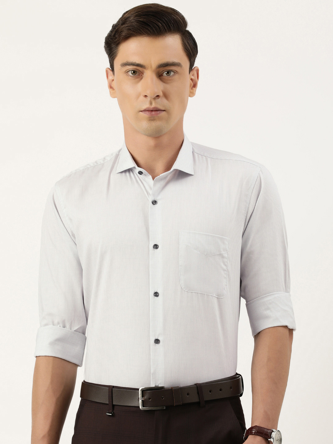 

Peter England Men Pure Cotton Slim Fit Micro Checks Opaque Formal Shirt, Grey