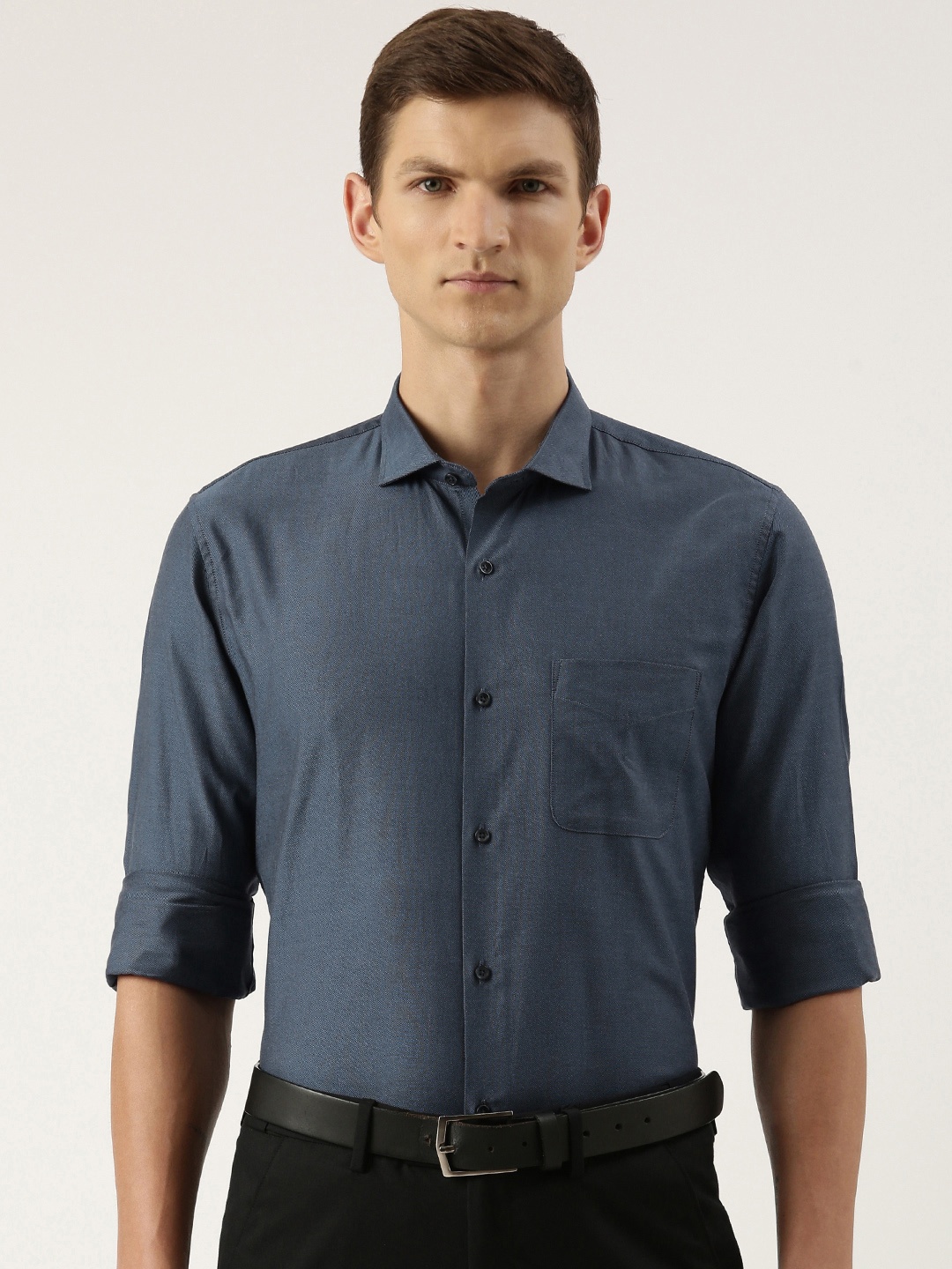 

Peter England Men Pure Cotton Slim Fit Opaque Formal Shirt, Blue