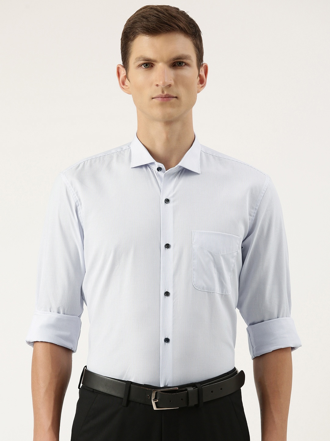 

Peter England Men Pure Cotton Slim Fit Opaque Striped Formal Shirt, Blue