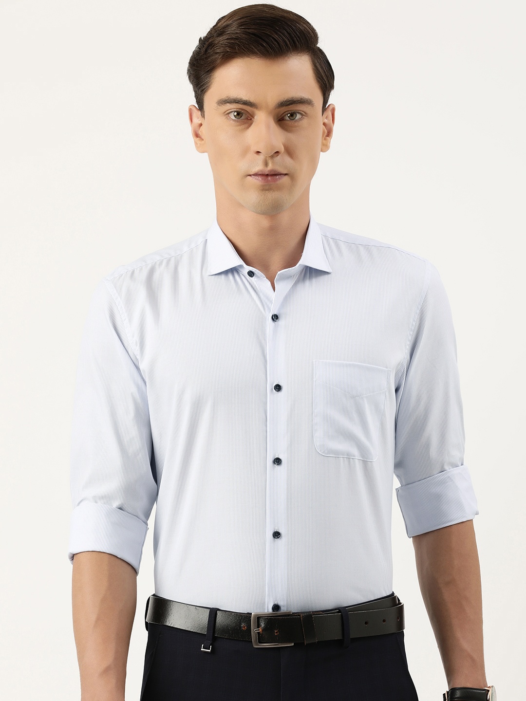 

Peter England Men Pure Cotton Striped Slim Fit Opaque Striped Formal Shirt, Blue