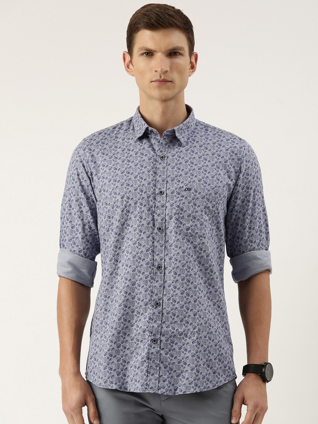 

Peter England Men Cotton Slim Fit Opaque Printed Casual Shirt, Blue