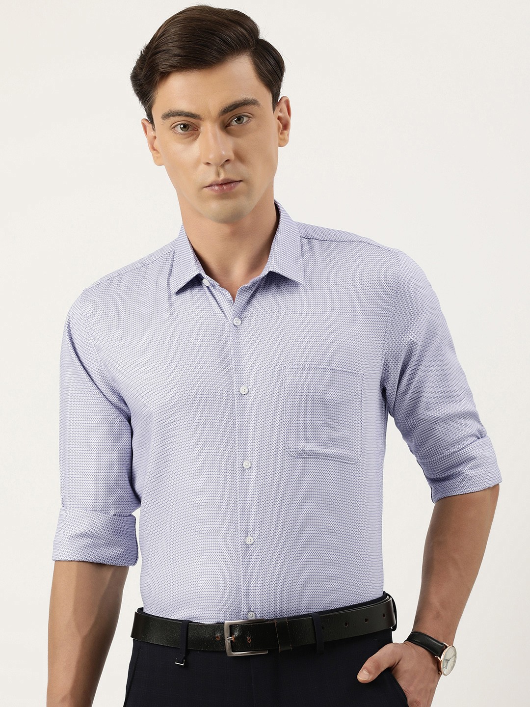 

Peter England Men Pure Cotton Slim Fit Opaque Printed Formal Shirt, Blue