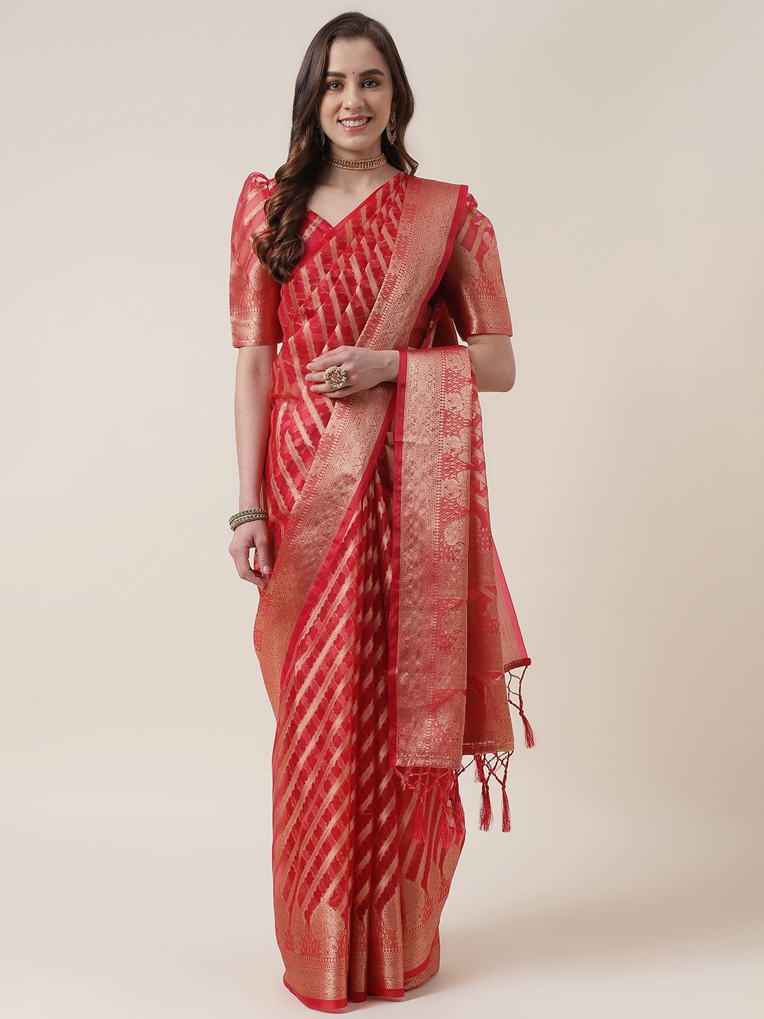 

Mitera Red & Gold-Toned Leheriya Woven Design Zari Organza Saree