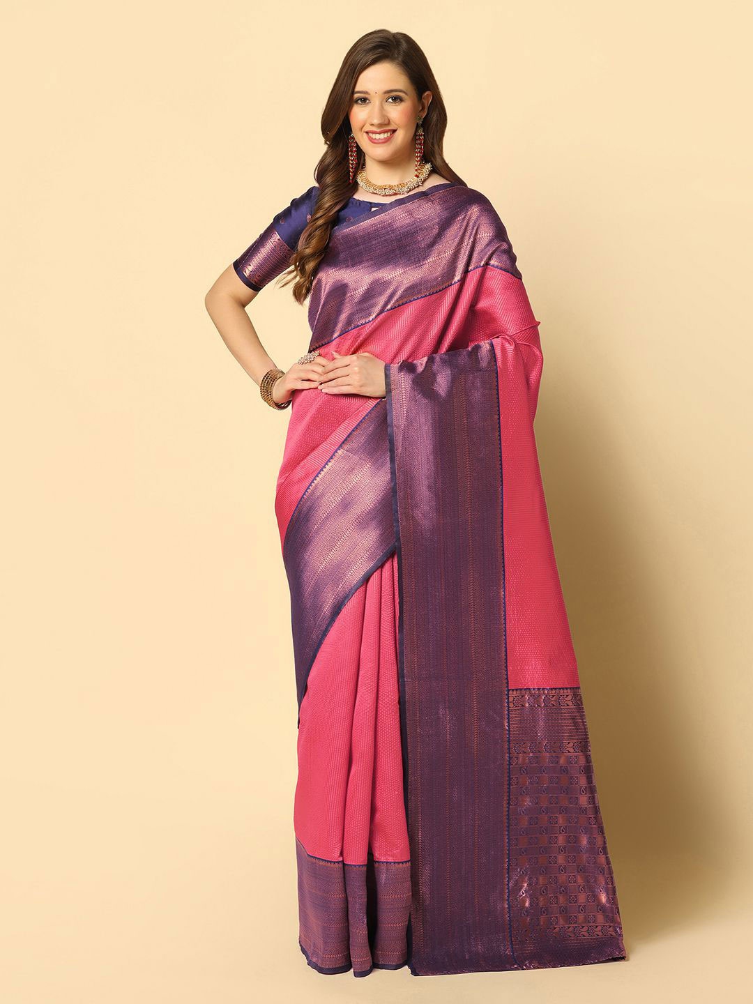 

Mitera Pink & Blue Ethnic Motif Woven Design Zari Banarasi Saree