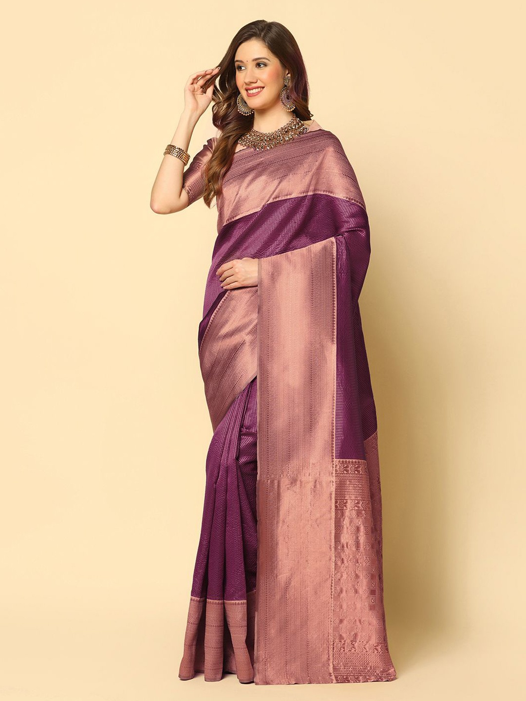 

Mitera Purple & Gold-Toned Ethnic Motif Woven Design Zari Banarasi Saree