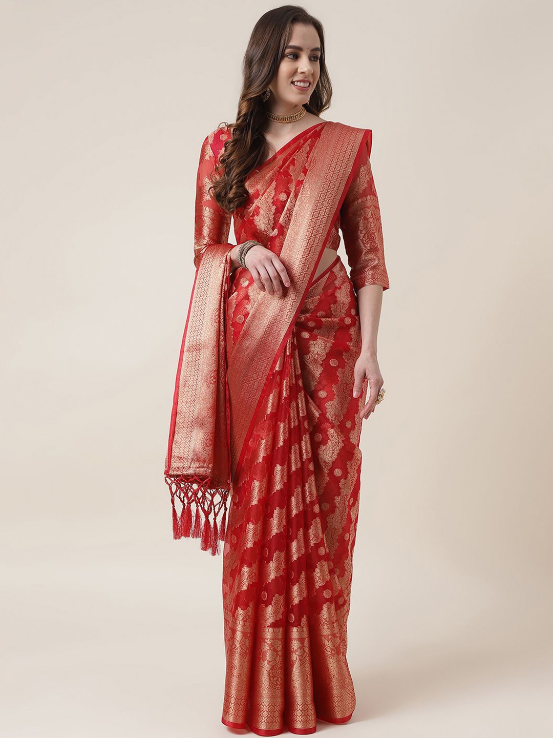 

Mitera Red & Gold-Toned Ethnic Motif Woven Design Zari Organza Saree