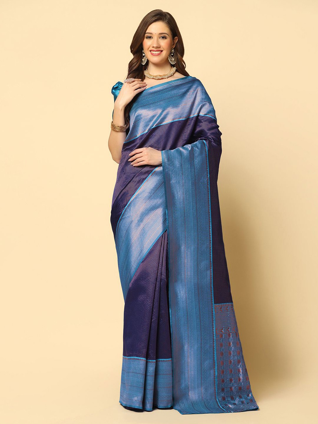 

Mitera Navy Blue & Blue Ethnic Motif Woven Design Zari Banarasi Saree