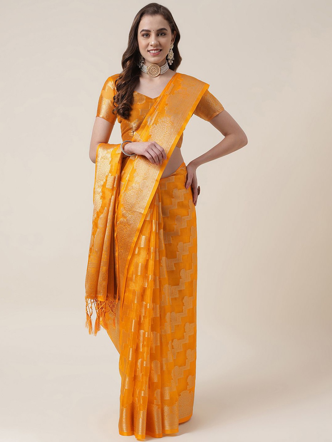 

Mitera Mustard & Gold-Toned Ethnic Moitf Woven Design Zari Organza Saree