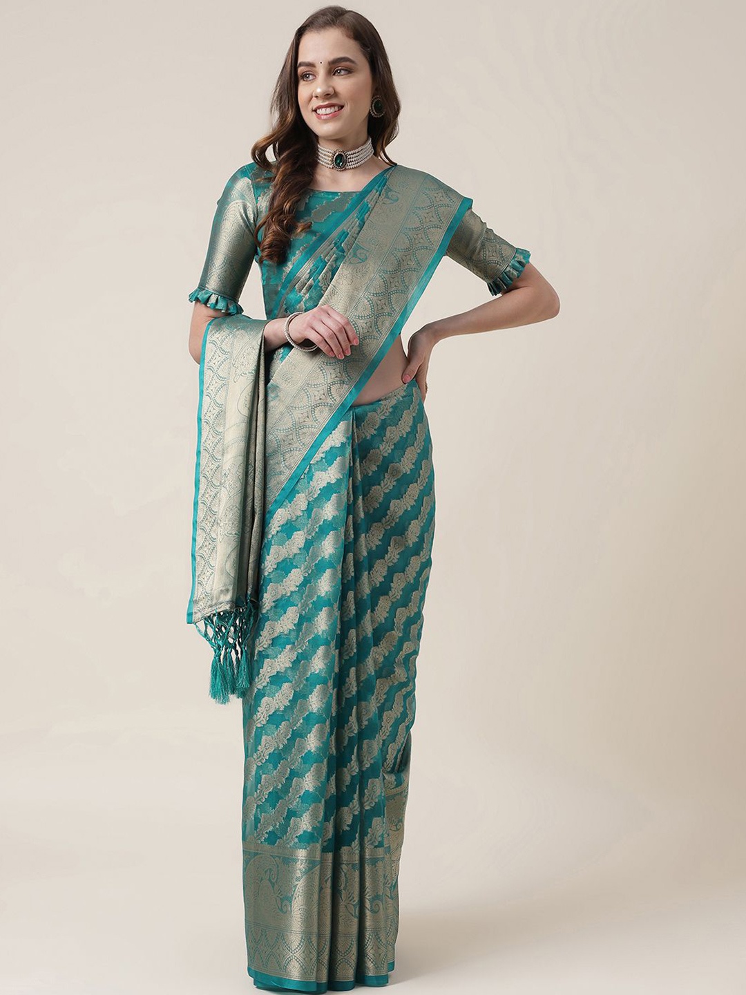 

Mitera Blue & Gold-Toned Floral Woven Design Zari Organza Saree