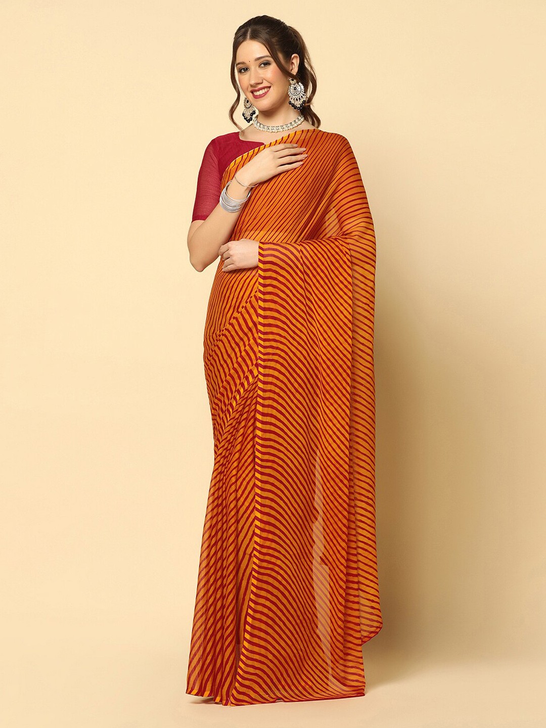 

Mitera Yellow & Red Striped Leheriya Printed Saree