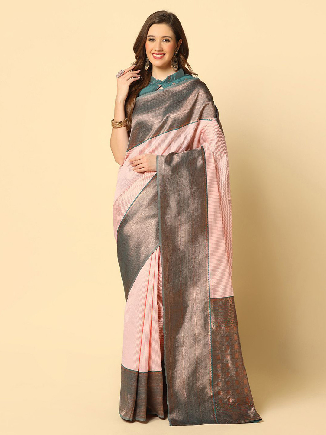 

Mitera Peach-Coloured & Green Ethnic Motif Woven Design Zari Banarasi Saree