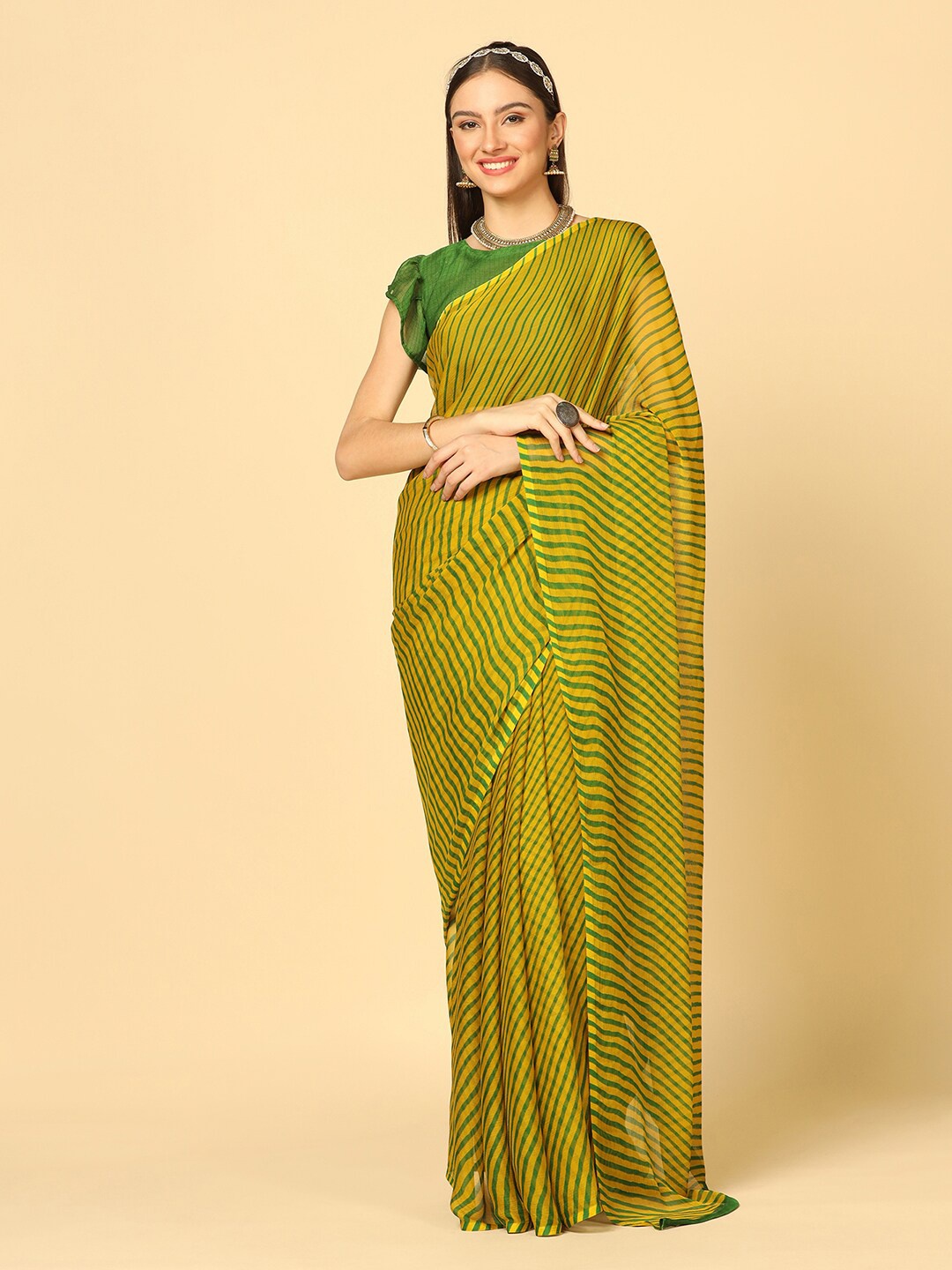 

Mitera Yellow & Green Leheriya Printed Saree