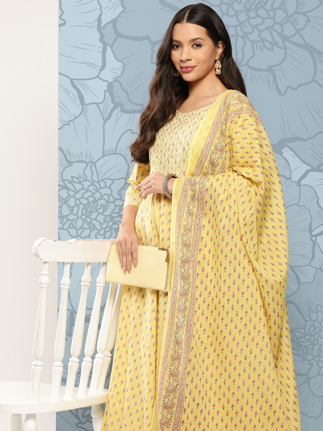 

Nayo Ethnic Motifs Printed Gotta Patti Pure Cotton Kurta With Trousers & Dupatta, Yellow