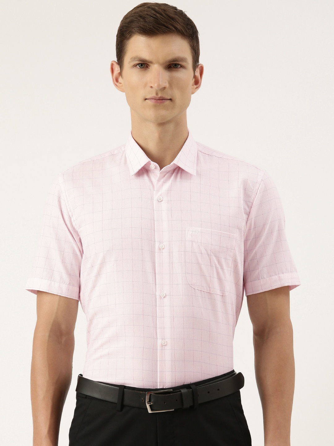 

Peter England Men Slim Fit Opaque Checked Formal Shirt, Pink