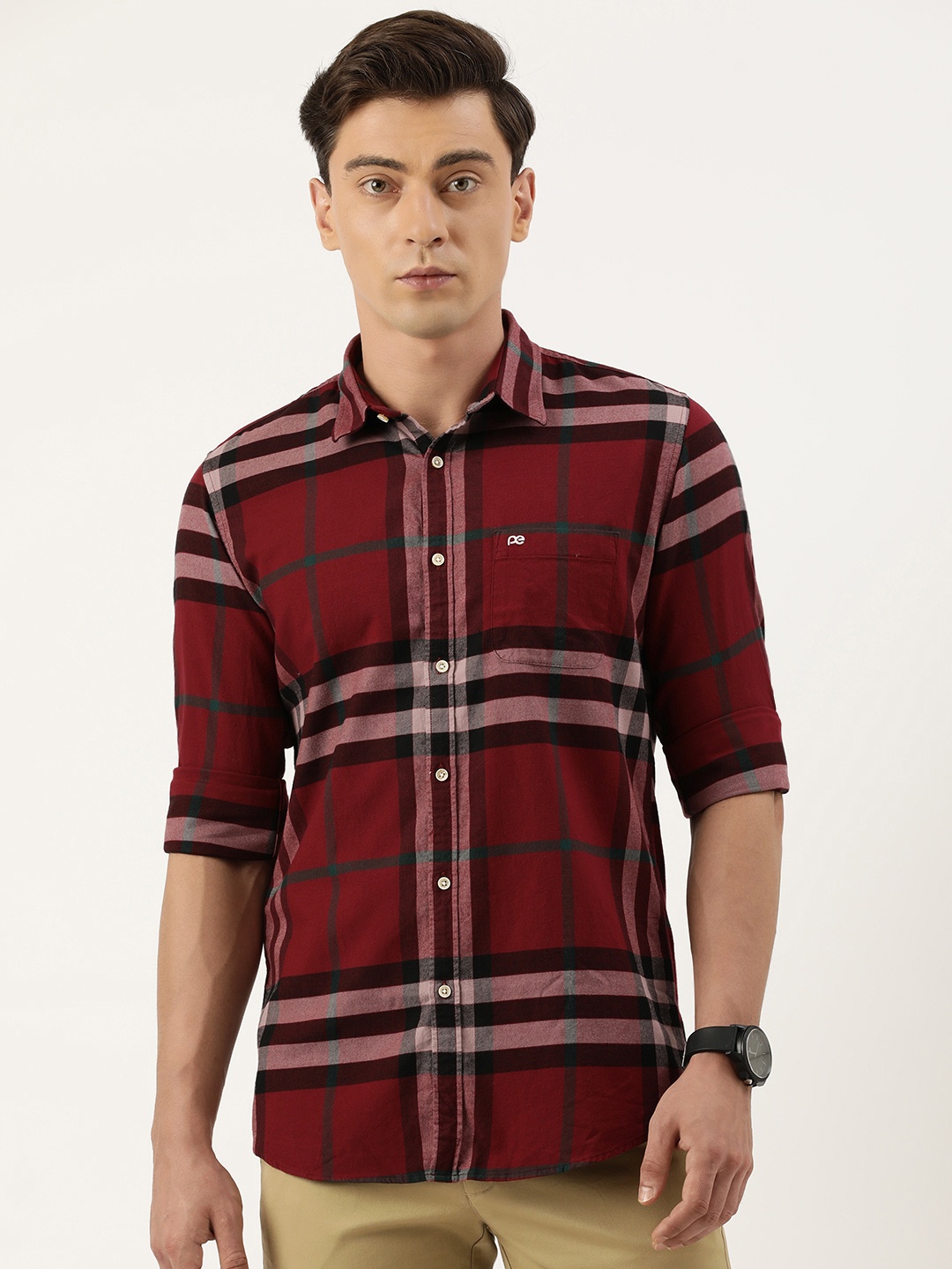 

Peter England Men Slim Fit Windowpane Checks Opaque Casual Shirt, Maroon