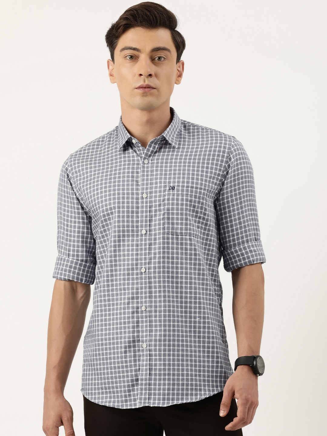 

Peter England Men Pure Cotton Slim Fit Opaque Checked Casual Shirt, Grey