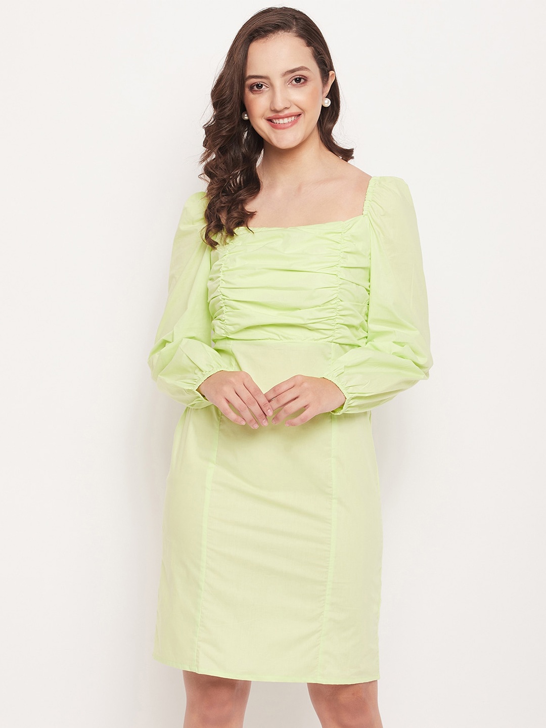 

Madame Puff Sleeves Ruched Sheath Dress, Lime green