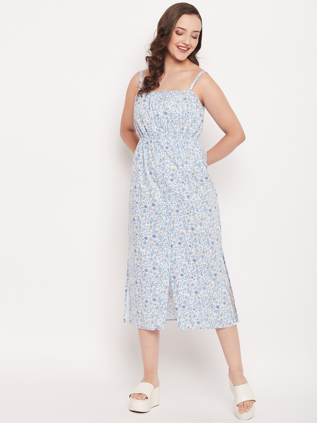 

Madame Floral Printed Shoulder Strap Fit & Flare Midi Dress, Blue