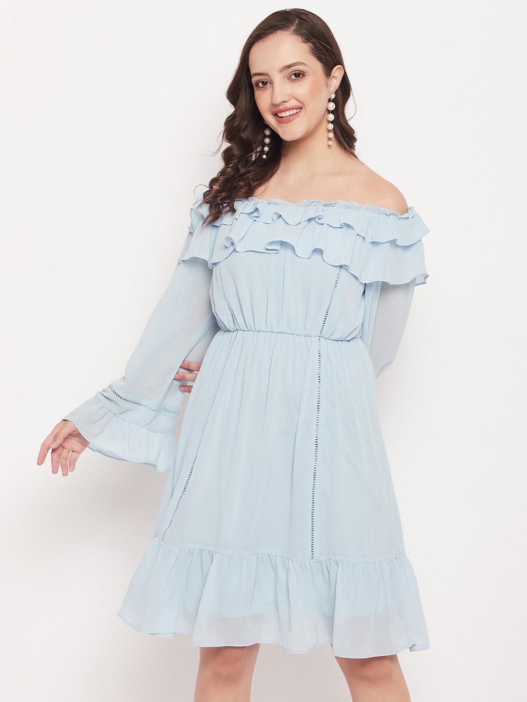 

Madame Off-Shoulder Ruffled Fit & Flare Dress, Blue