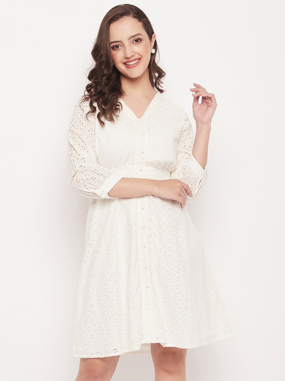 

Madame Self Design Schiffli Fit & Flare Dress, White