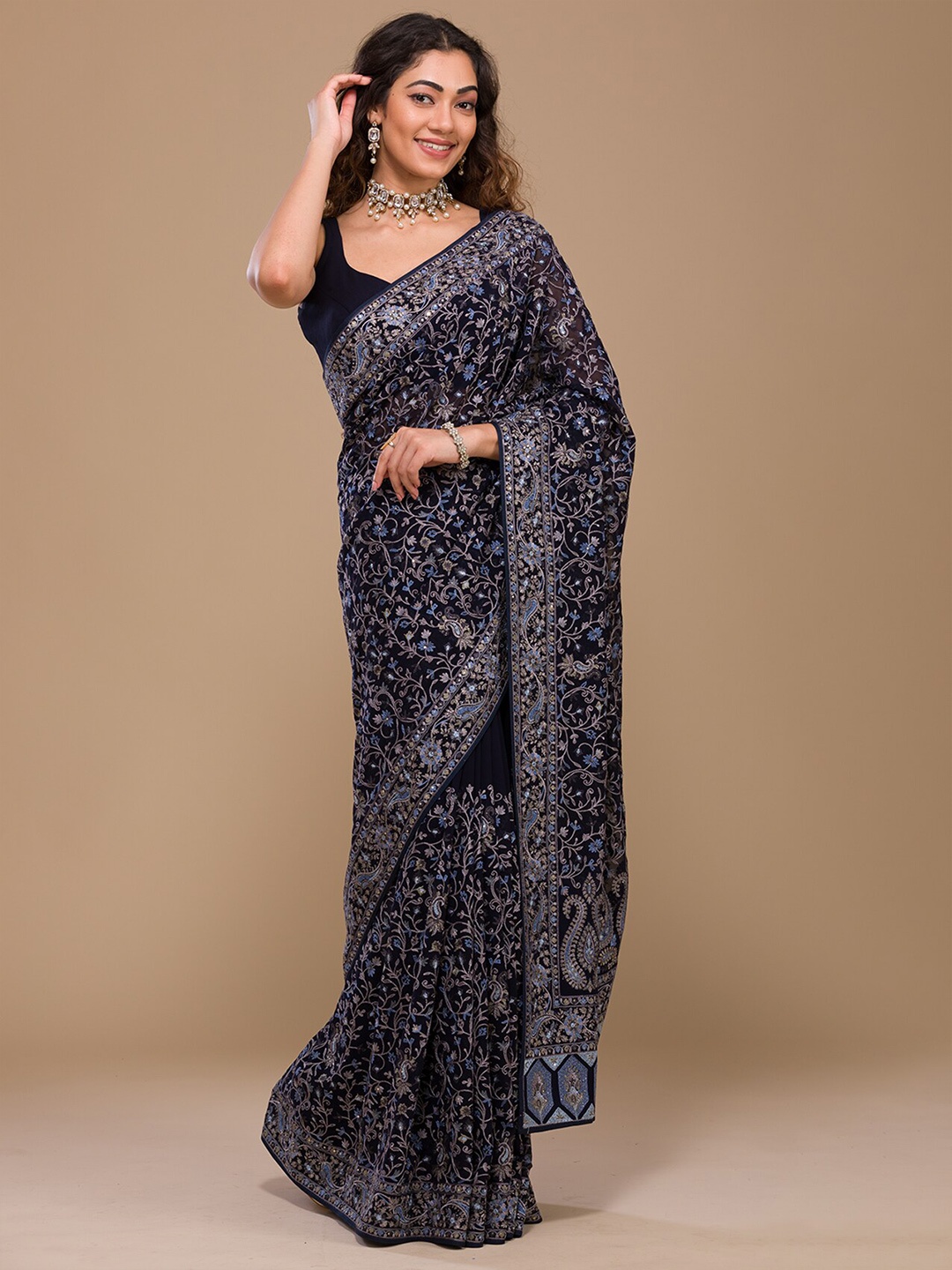 

Koskii Floral Embroidered Sequined Poly Georgette Saree, Navy blue