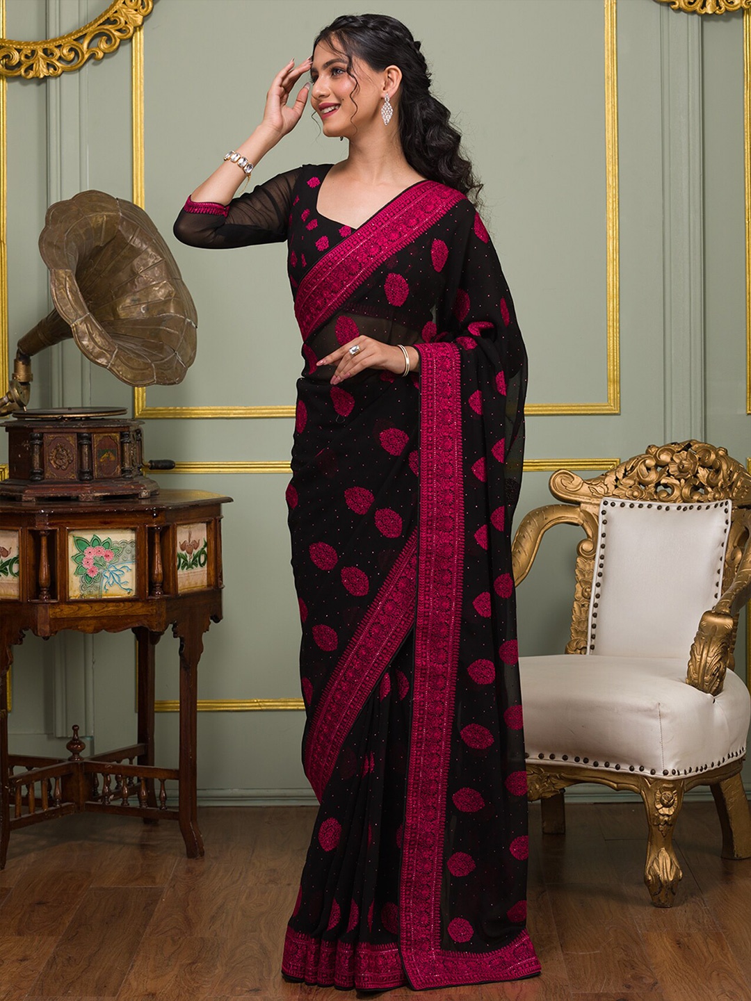 

Koskii Ethnic Motifs Embroidered Beads And Stones Poly Georgette Saree, Black