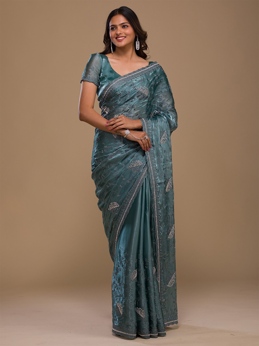 

Koskii Floral Embroidered Beads and Stones Embellished Tissue Saree, Blue