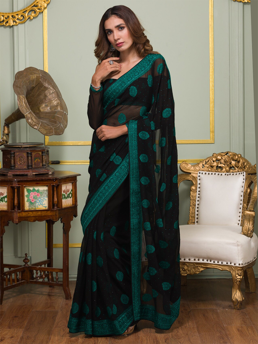 

Koskii Ethnic Motifs Embroidered Saree, Black