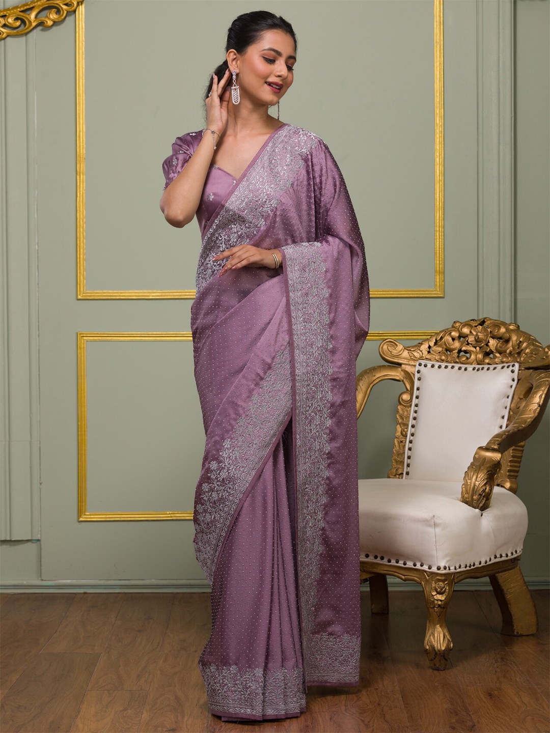 

Koskii Floral Embroidered Embellished Saree, Lavender