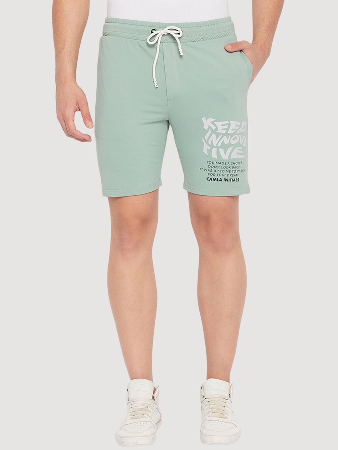 

CAMLA Men Mid-Rise Typography Printed Woven Shorts, Sea green