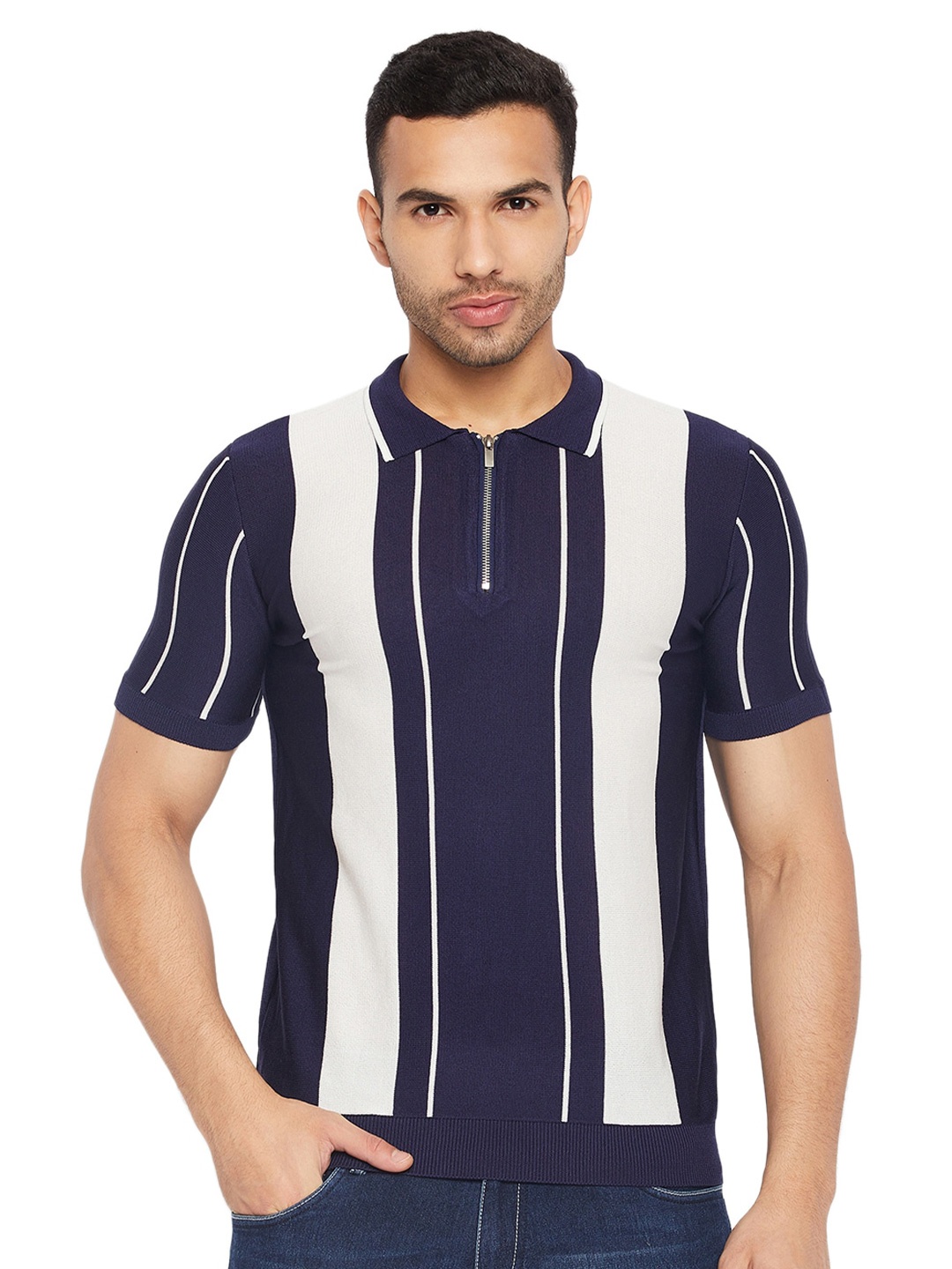 

CAMLA Striped Polo Collar Cotton T-shirt, Navy blue