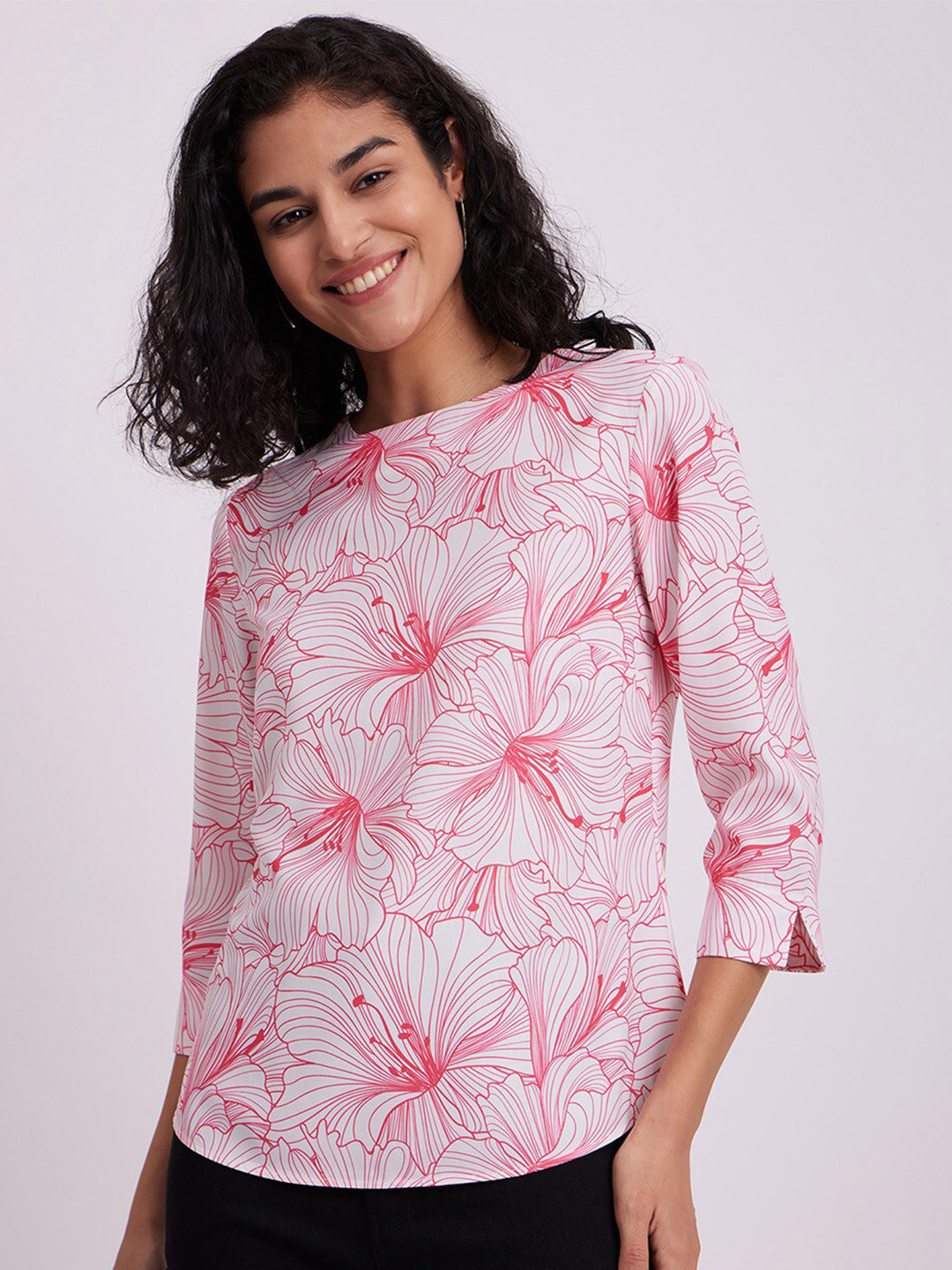 

FableStreet Floral Printed Boat Neck Top, White