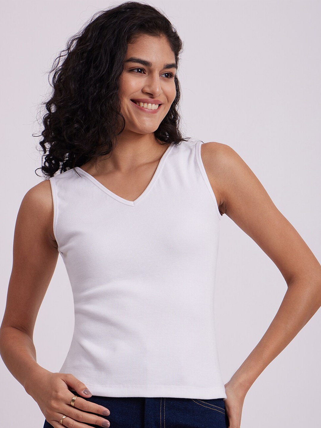 

FableStreet V-Neck Sleeveless Cotton T-shirt, White