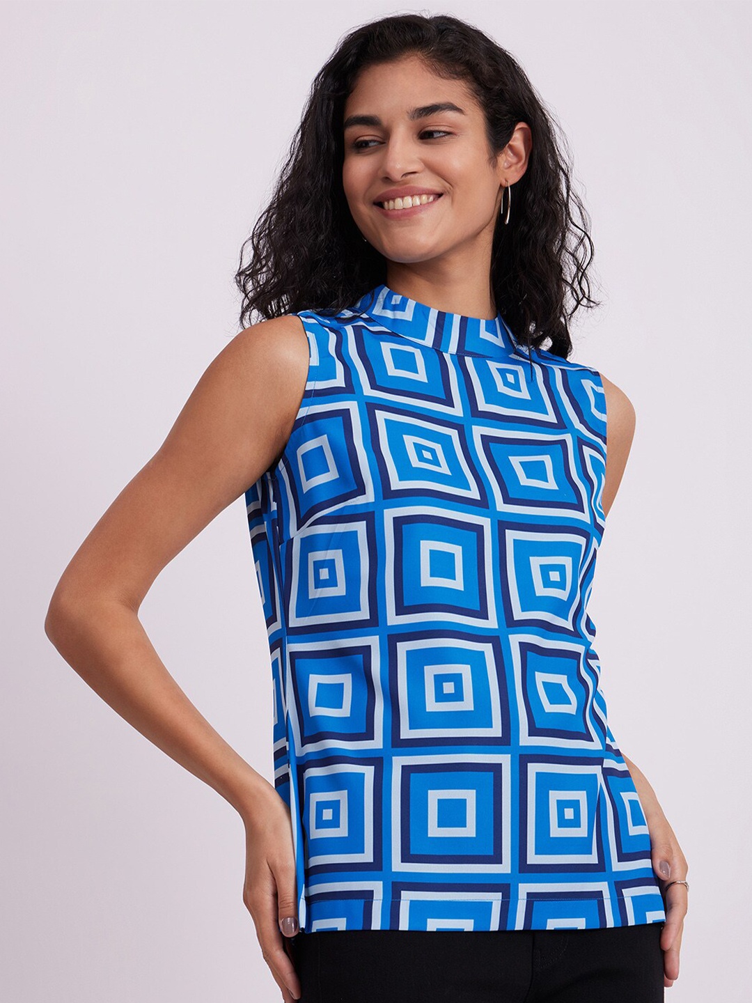 

FableStreet Geometric Printed High Neck Top, Blue