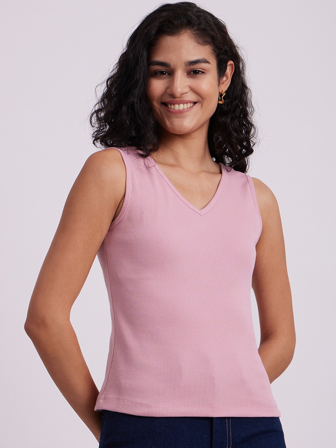 

FableStreet V-Neck Sleeveless Cotton T-shirt, Pink