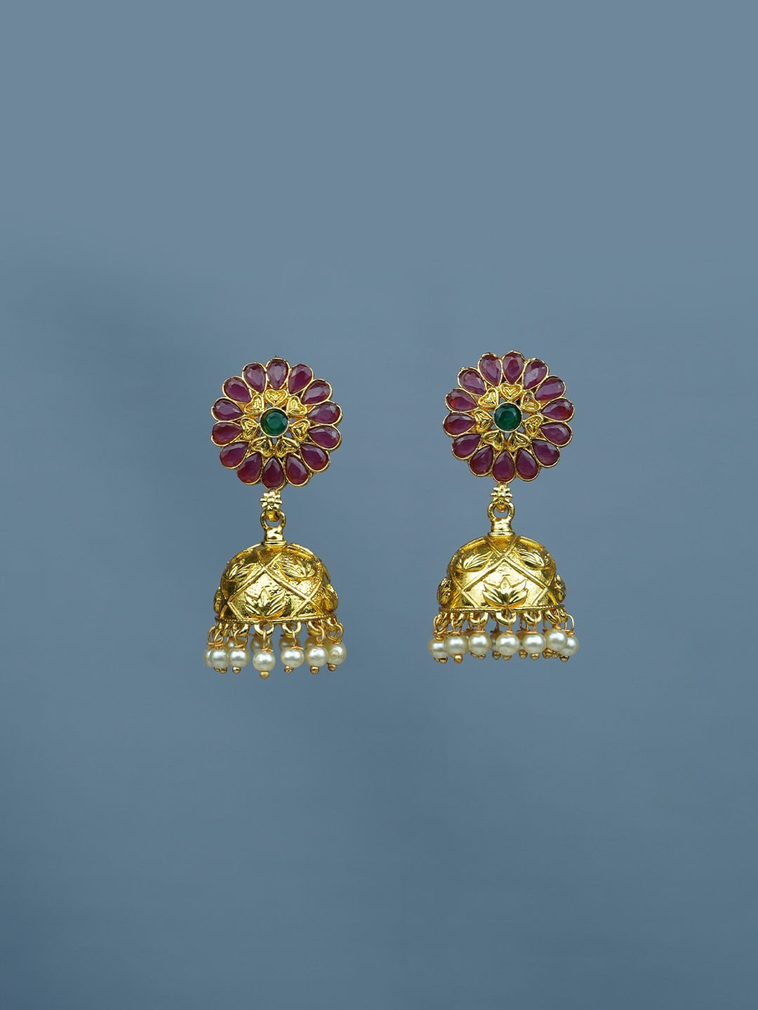 

Diksha collection Gold-Plated Stone Studded Dome Shaped Jhumkas