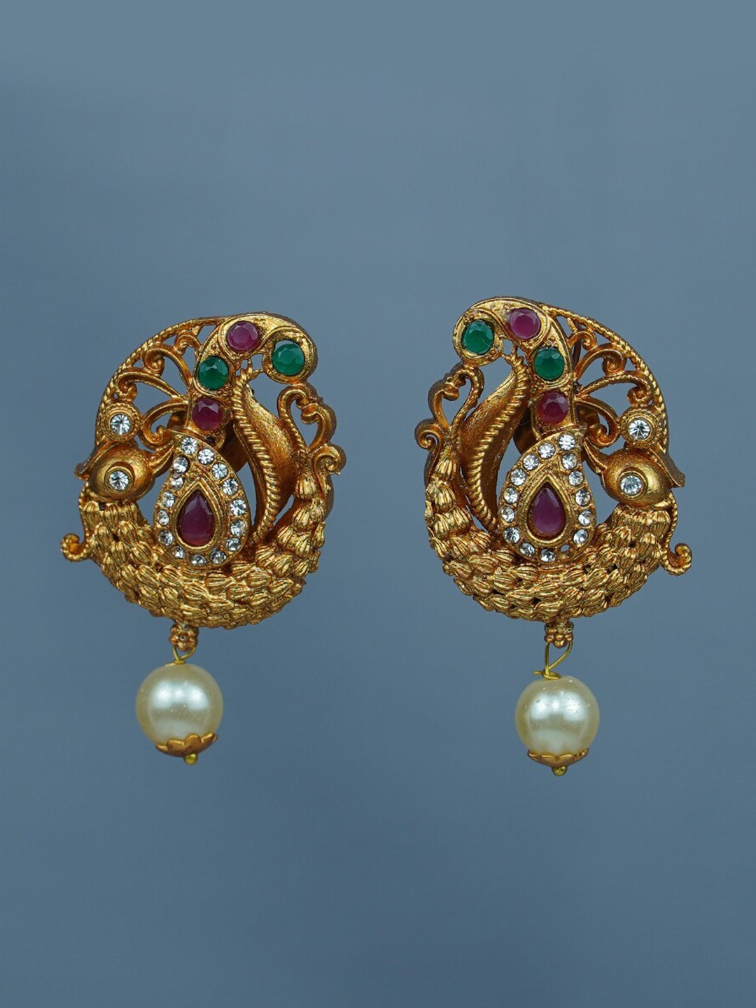 

Diksha collection Gold-Plated Artificial Stones & Beads Peacock Shaped Drop Earrings