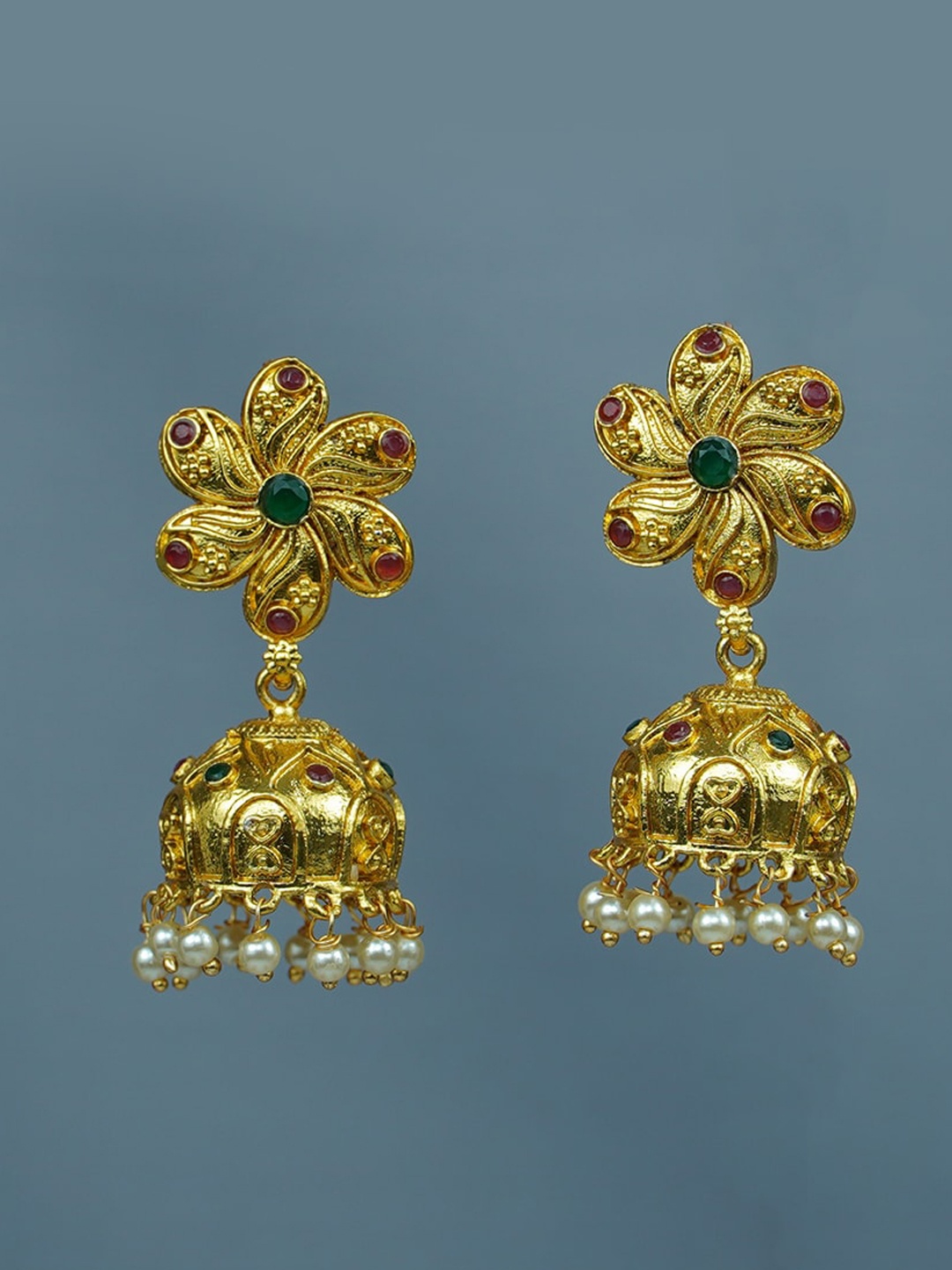 

Diksha collection Gold-Plated Dome Shaped Stones Studded & Beaded Jhumkas