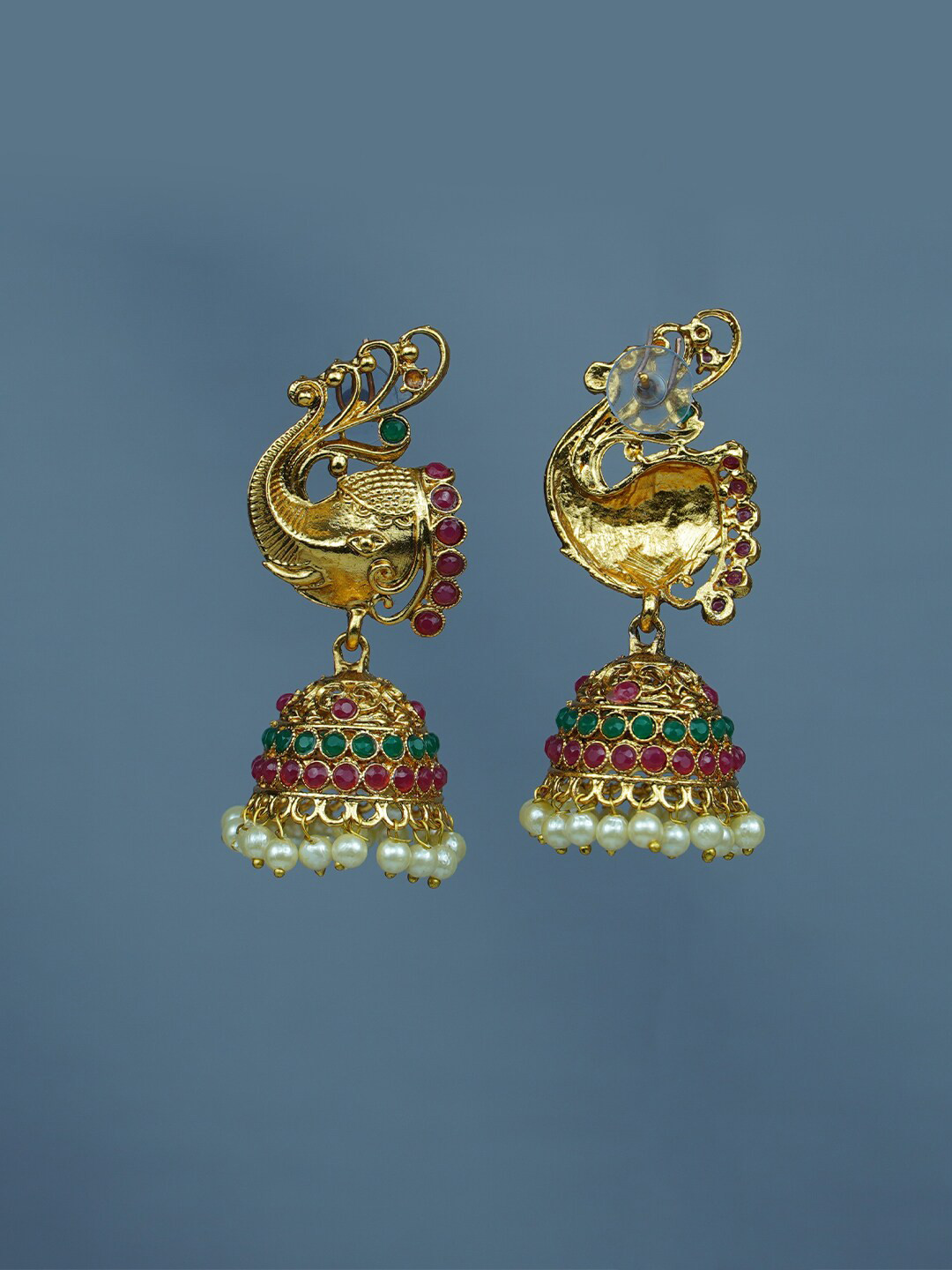 

Diksha collection Gold-Plated Peacock Shaped Stone Studded & Beaded Jhumkas