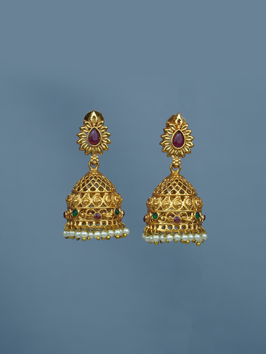 

Diksha collection Gold-Plated Artificial Stones & Beaded Dome Shaped Jhumkas