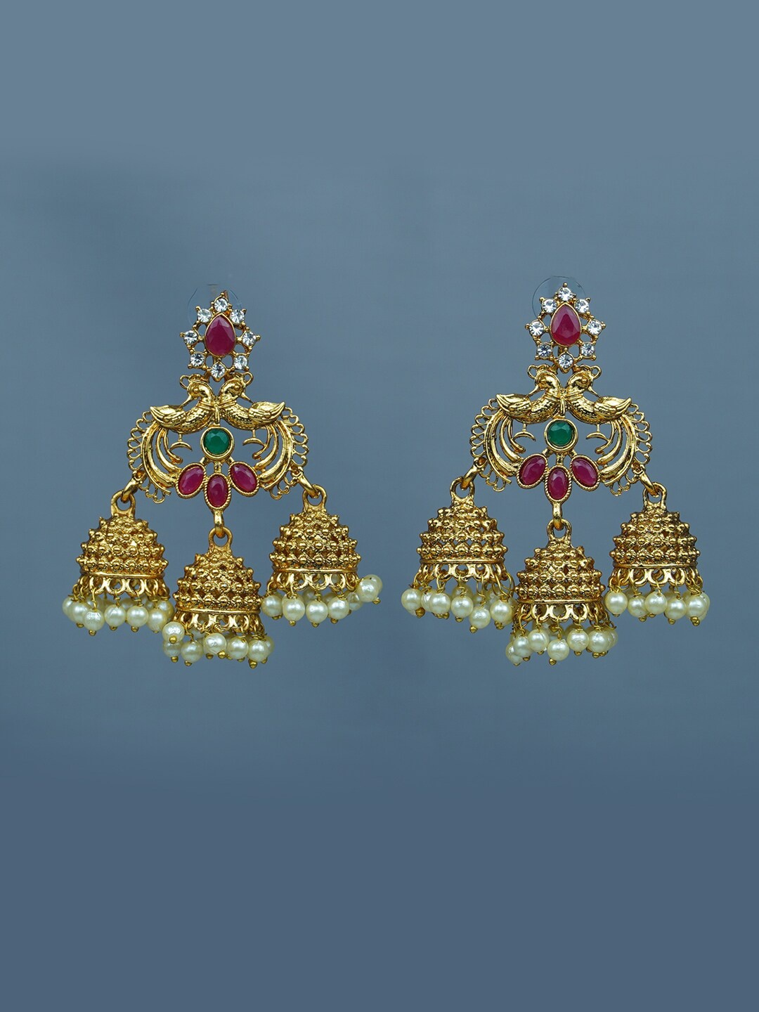 

Diksha collection Gold-Plated Stone Studded Dome Shaped Jhumkas