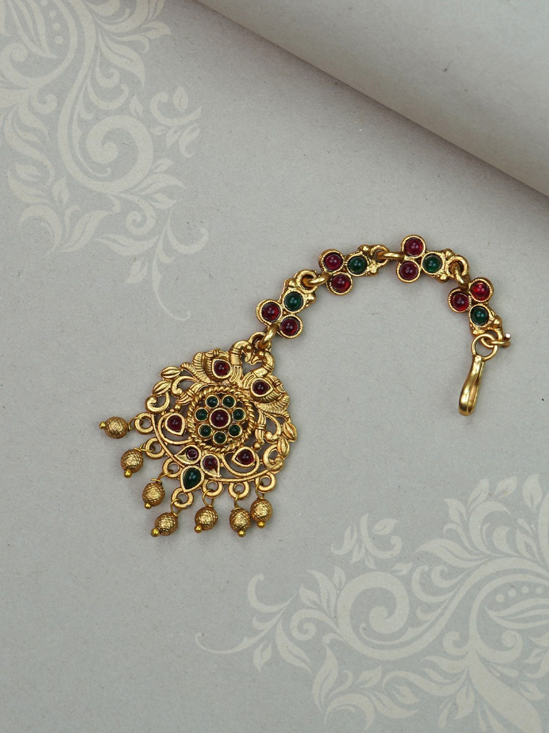 

Diksha collection Gold-Plated Stones-Studded And Beaded Temple Maang Tikka