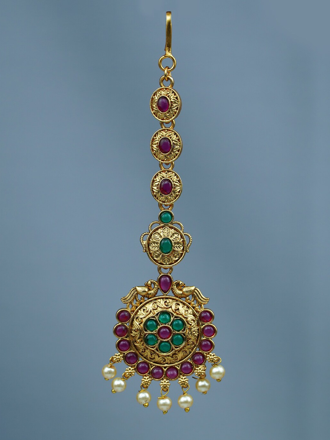 

Diksha collection Gold-Plated Stones-Studded And Beaded Temple Maang Tikka