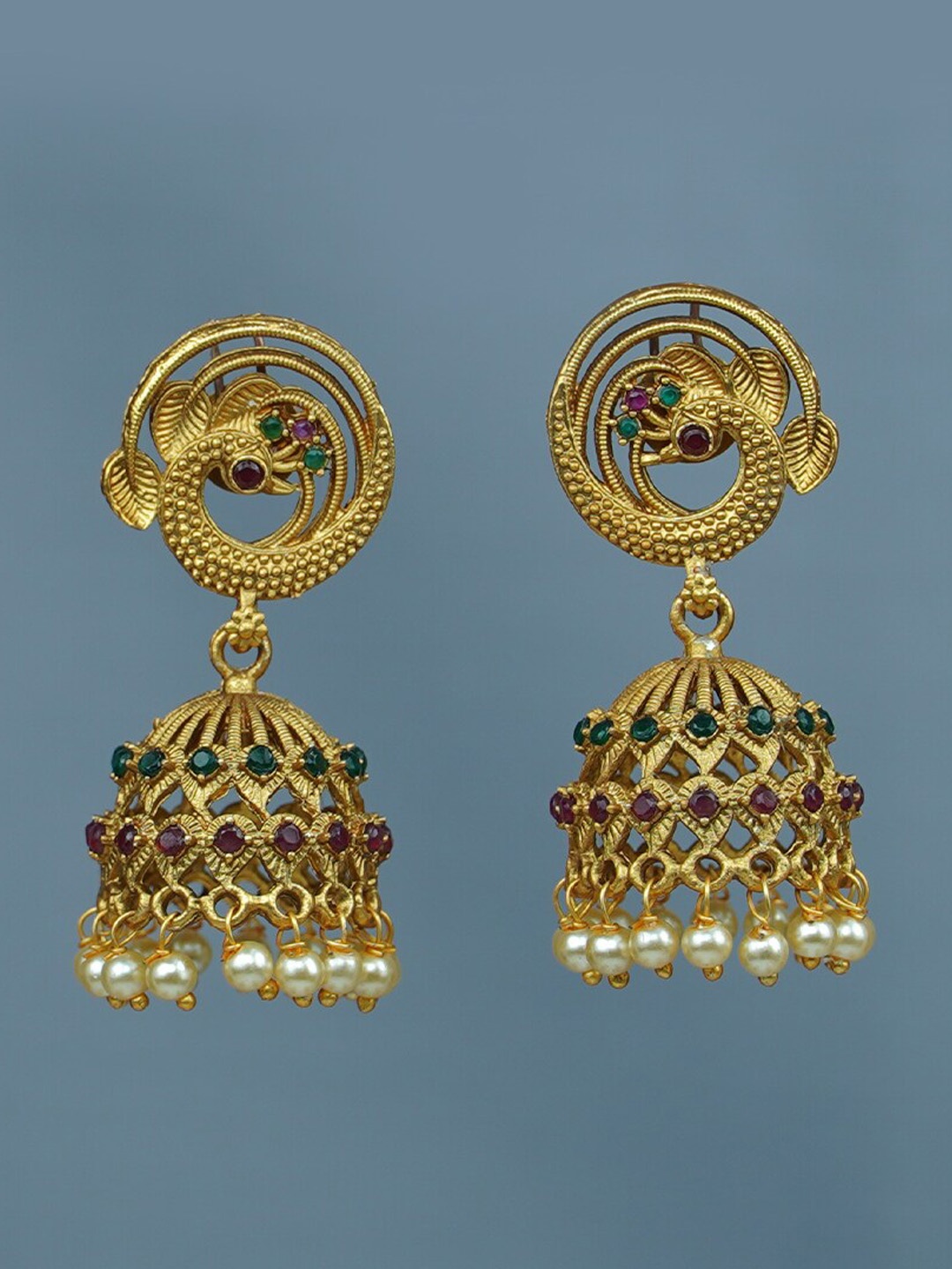 

Diksha collection Gold-Plated Dome Shaped Stone Studded & Beaded Jhumkas