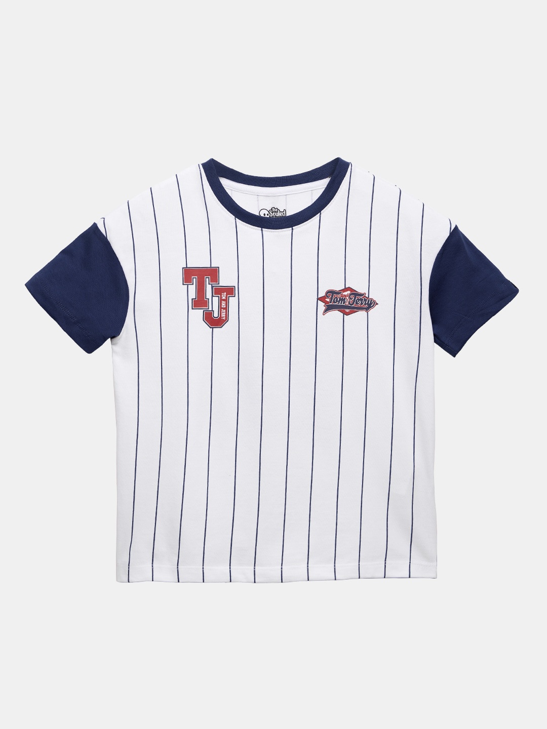 

The Souled Store Boys White Striped Applique Loose T-shirt