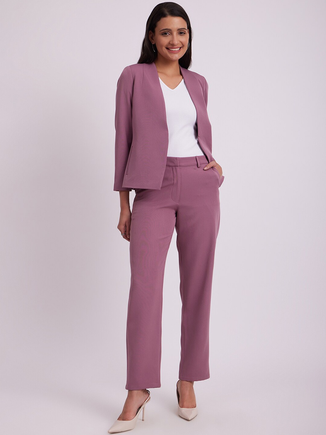 

FableStreet Women Open Front Blazer & Trousers Co-Ords, Mauve