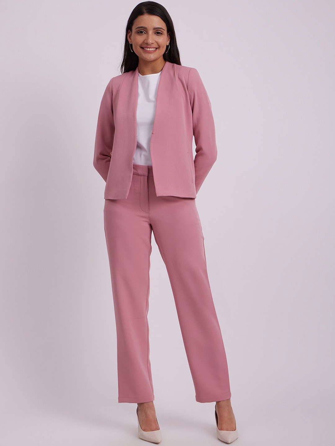 

FableStreet Women Open Front Blazer & Trousers Co-Ords, Pink