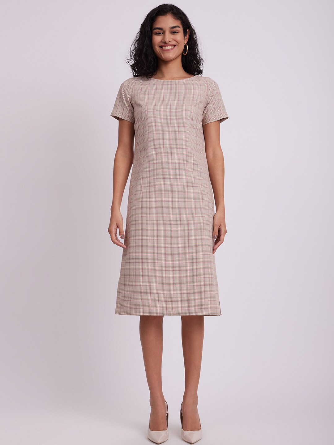 

FableStreet Beige Checked Formal Sheath Dress