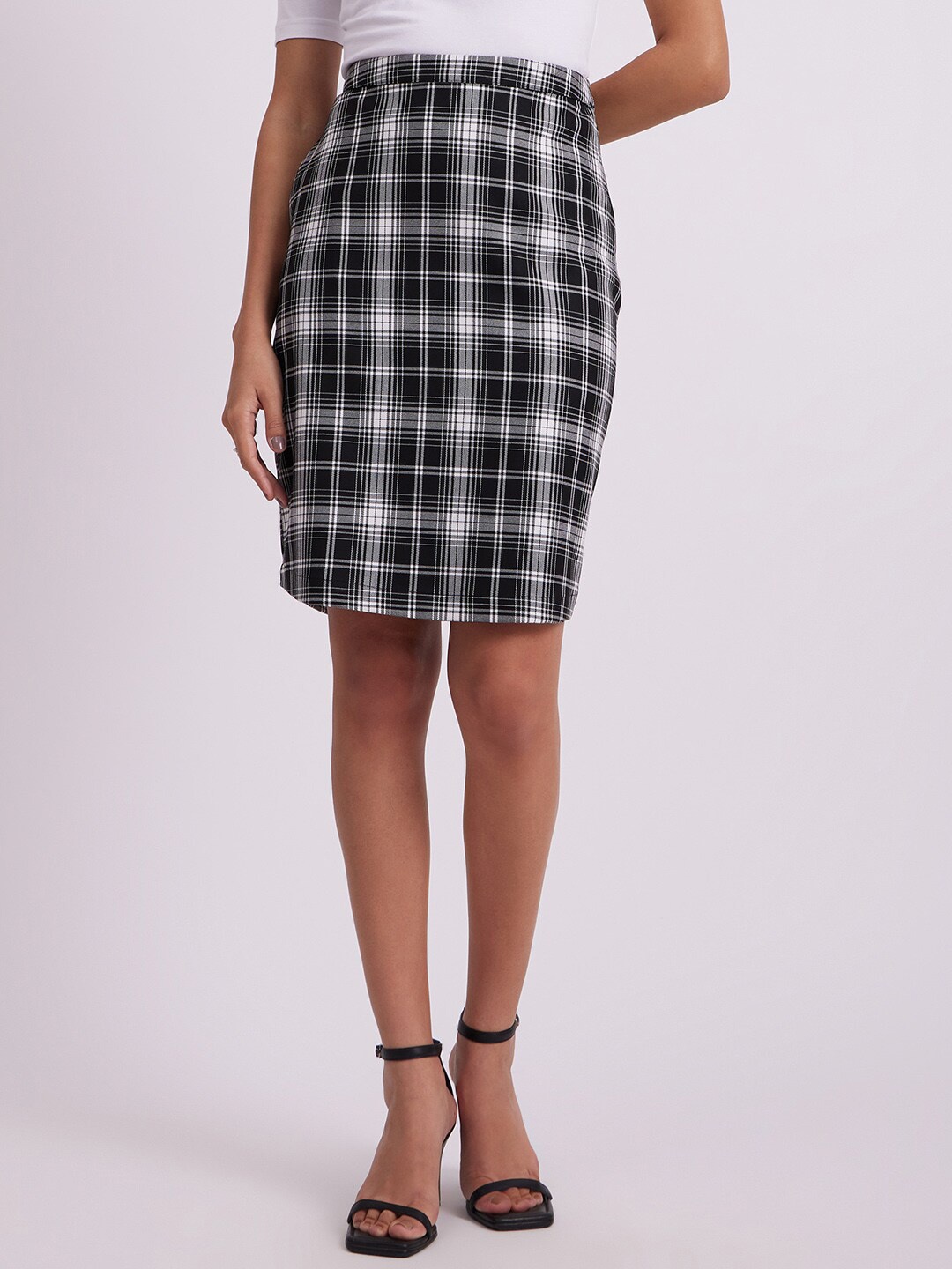 

FableStreet Checked Above Knee Straight Skirt, Black