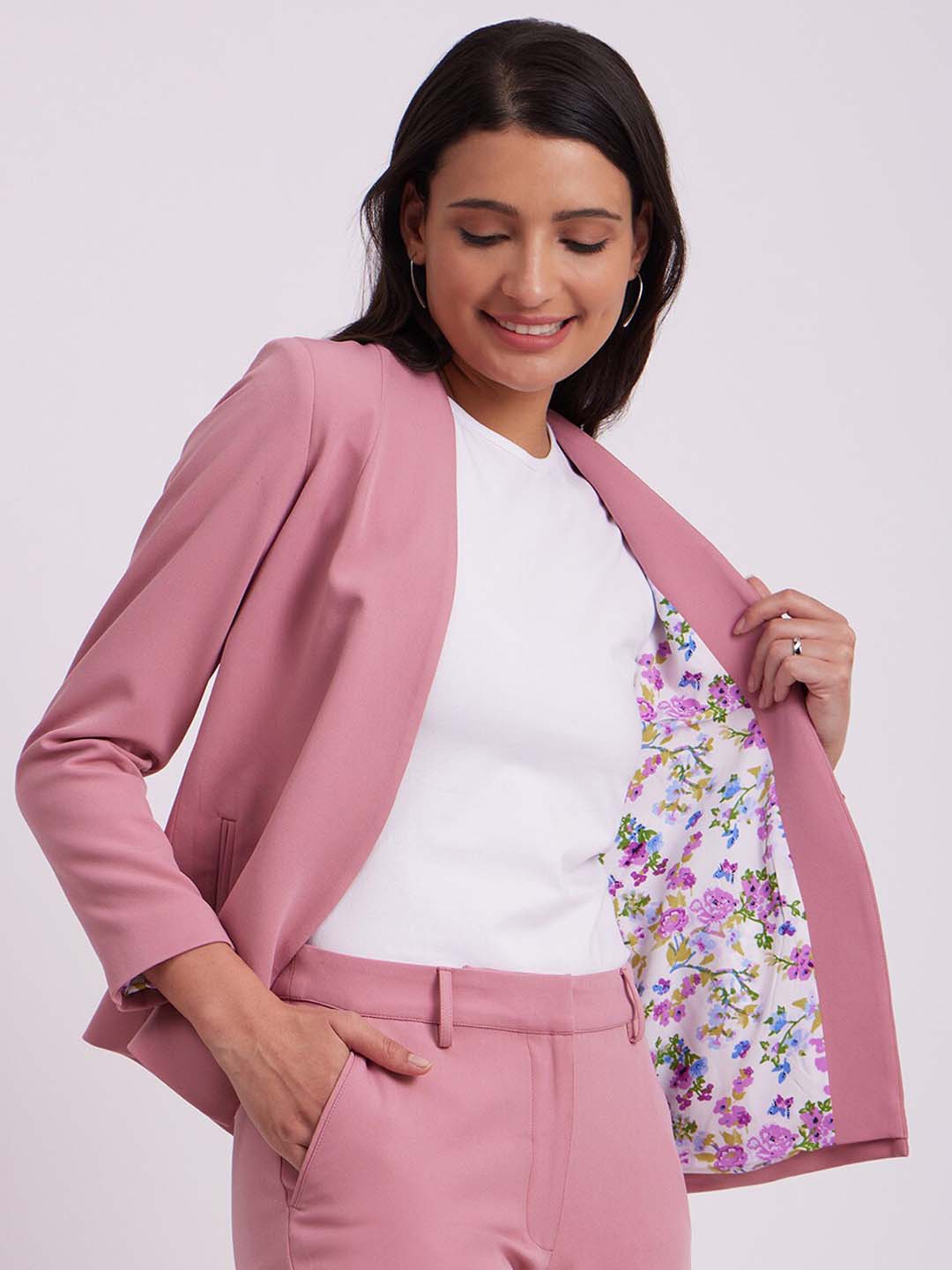 

FableStreet Women Tailored Fit Open Front Collarless Formal Blazer, Pink